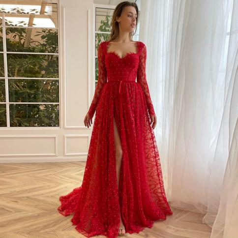 שמלות ערב אלגנטיות טול אדום 2023 קו מתוק שרוול מלא באורך רצפה עם חגורה מנוקדת אשליה vestido de noc