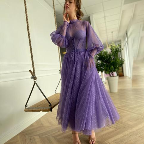 Purple High Neck 2022 Evening Dresses Women Tea Length Dotted Evening Gowns A Line With Belt Full Sleeve Party Gowns ف