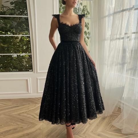 A Line Sequined Evening Dresses Women 2022 Sweetheart Prom Dresses Tea Length Spaghetti Strap Beading Celebrity Gown ف