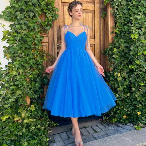 Blue A Line Evening Dresses For Women Tulle Tea Length V Neck Prom Dresses Tea Length Bow Strap Backless Graduation Part