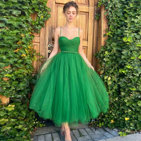 Green Tulle A Line Prom Dresses Spaghetti Strap Tea Length Sweetheart Homecoming Dresses Elegant With Belt Graduation Go