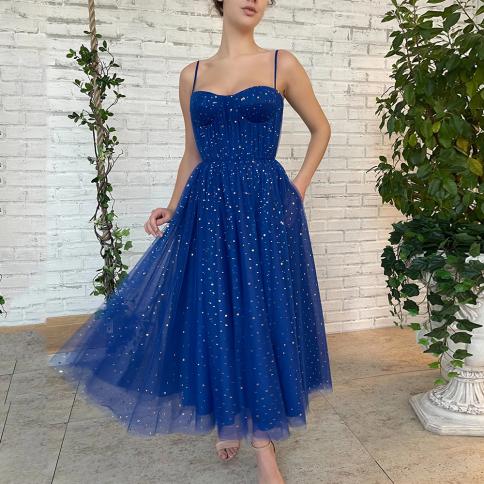 Blue Tulle 2022 Prom Dress A Line Tea Length Spagheti Strap Sweetheart Prom Gowns Sleeveless Elegant Special Occasion Dr