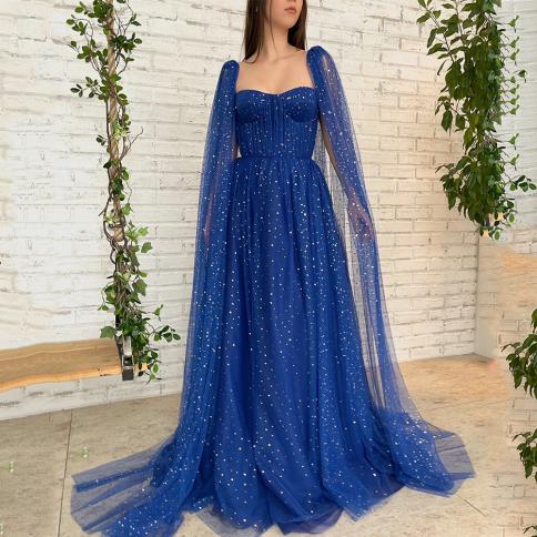 Royal Blue Tulle Prom Dress Sweetheart Cap Sleeves Glitter Floor Length Evening Dresses 2022 Open Back Special Evening G
