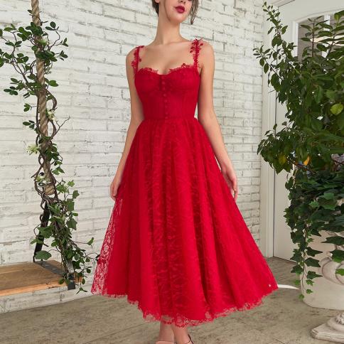Red Prom Dresses A Line Tea Length Evening Gowns Spaghetti Strap Sweetheart Zipper Appliques Elegant 2022 Wedding Party 