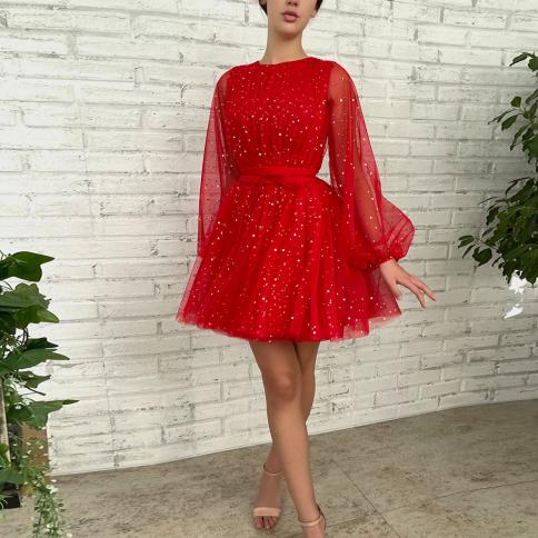 Red Elegant Mini Evening Dresses  Tulle Long Puffy Sleeve Prom Dress 2022 Jewel Neck With Belt Aline Wedding Party Gowns
