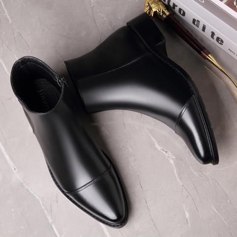 נעלי עור מחודדות לגברים מגפי צ'לסי עור אמיתי חורף מגפיים קצרים סגנון עסקי מרטין מגפי עור