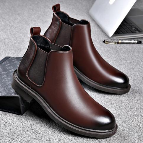 Chelsea Boots Men's Business Style Low Cut Genuine Leather One Step Smoke Pipe Elevated Soft Leather Martin With Plush P