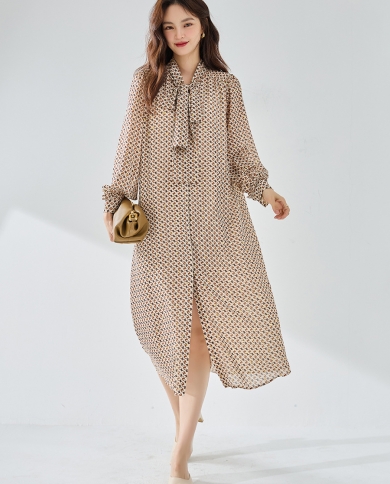 23 New Autumn Bronzing Small Geometric Pattern Loose Lace-up Long-sleeved Pleated Dress Long Style 2