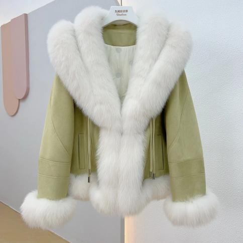 2023 موضة جديدة بطة أسفل معطف الفرو الحقيقي الشتاء النساء سترة الطبيعية الثعلب الفراء طوق سميكة الجلد المدبوغ ملابس خارجية دافئة