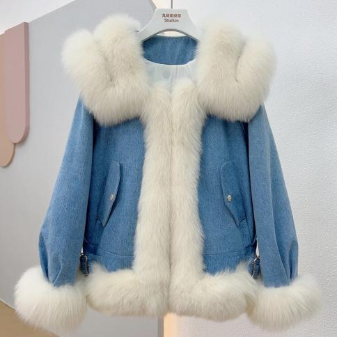 Giacche da donna 2023 Cappotto invernale in denim con collo in pelliccia di volpe naturale Fodera in piumino d'anatra d'oca bian