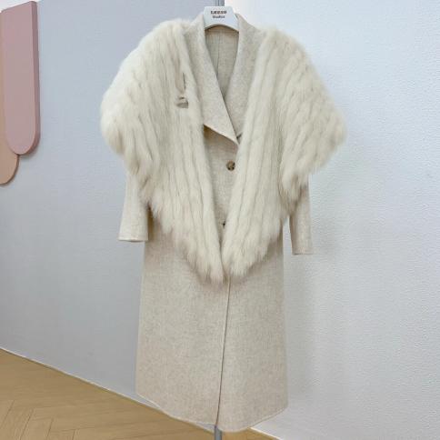 Trench da donna in lana double face con enorme mantello in vera pelliccia di volpe Capispalla in pelliccia da donna di lusso con