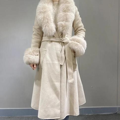 2022 Donna Autunno Inverno Moda Slim Fit Double Sided Cappotto di lana con cintura Collo in vera pelliccia di volpe Polsini Lana