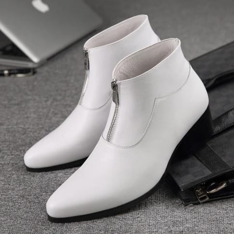 أحذية جلدية مدببة إنجليزية للرجال أحذية تشيلسي عالية الجودة من الجلد الطبيعي متوسطة الحجم باللون الأبيض أحذية مارتن الجلدية Boot