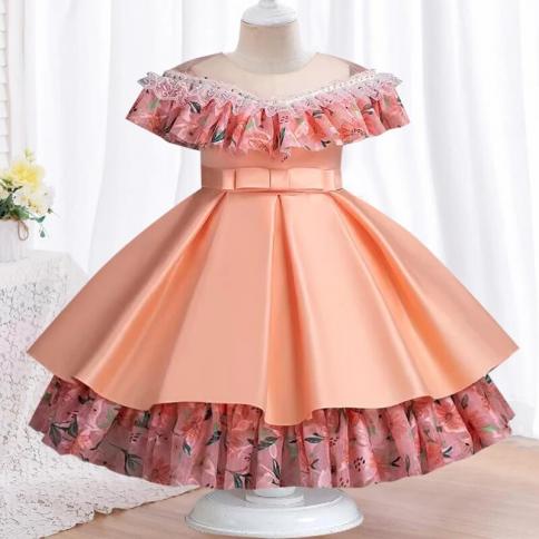 Girls' Satin Dress With Lace Stitching And Bubble Sleeves Princess Dressschool Choir Performance Birthday Piano Party  D