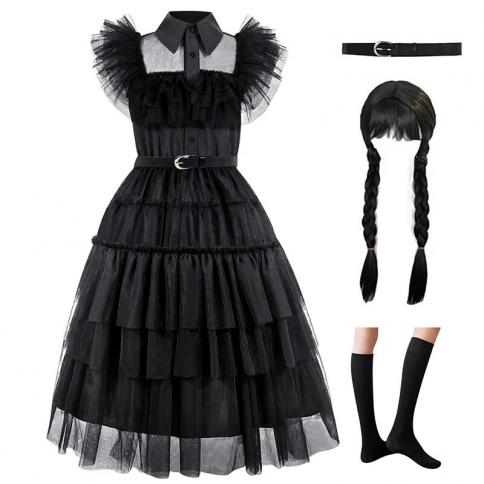 Wednesday Addams Costume Dress For Girls Popular Prom Party Black Carnival Prom Evening Dress Girl's Lace Hollow Princes
