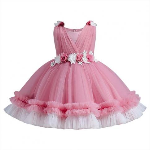 0 4 Year Old Girl Flower Bow Sleeveless Princess Dress Baby Mesh Cake Dress Halloween Banquet Host Performance Dress