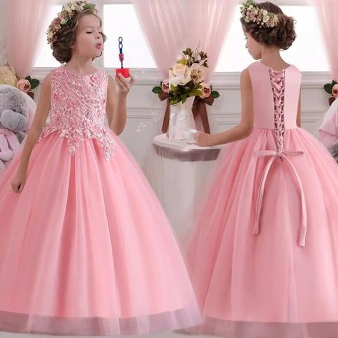 Tulle Beauty Pageant Party Dress For 4 12 Years Old Elegant Wedding Flower Girl Dress With Exotic Lace Straps Long Girl'