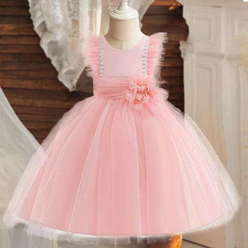 Girls Dress Princess Party Clothes Flower Elegant Wedding Gown Crystal Birthday Kids Formal Occasion Baby Children Vesti