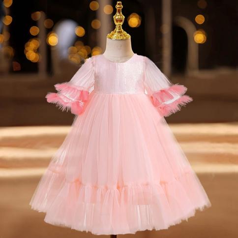 Pink Girls Wedding Party Tutu Dress Evening Formal Kids Clothes For Children Flower Birthday Ball Gown Pageant  Show Ves
