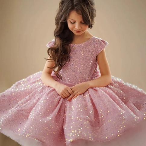 Luxury Girls' Dress Fashion Runway Show Velvet Fluffy Princess Short Dress Pink Sequins Christmas Performance Prom Eveni