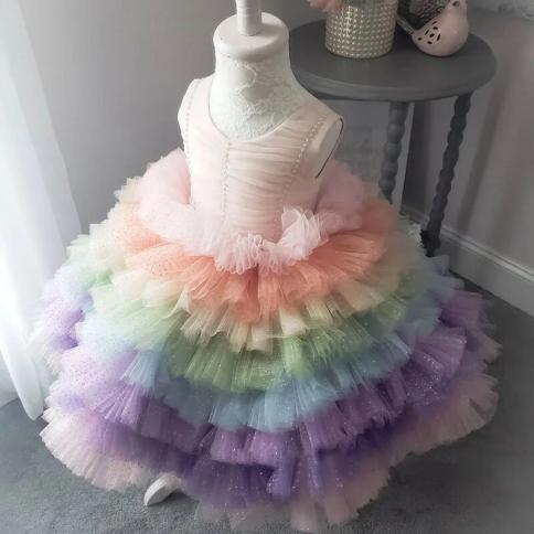 Girls' Dress 2023 New Summer Dress Season Rainbow Puffy Princess Dress First Birthday Luxury Banquet Fashionable Childre
