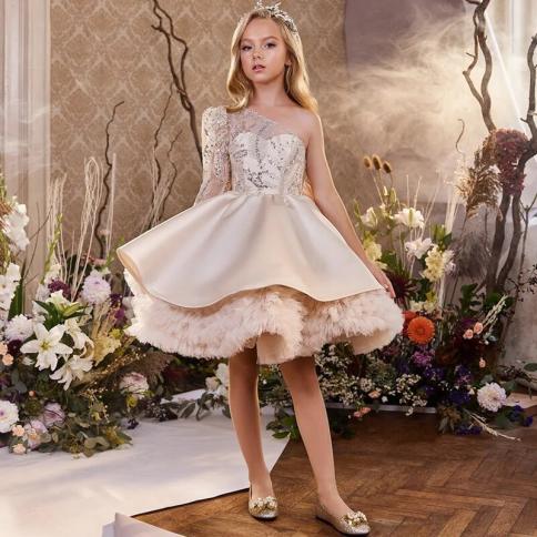Gorgeous And Elegant Girls' Dress Sequin Walk Show One Shoulder Bow Dress Luxury Evening Party Dress Girls' Christmas Cl