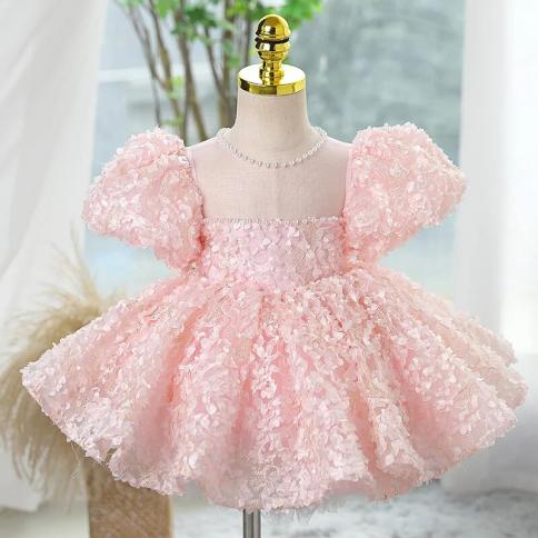 Girls' Dress High End Elegant Name Birthday Party Dress Pink Sweet Flower Girls' Wedding Piano Performance Dress  Girls 