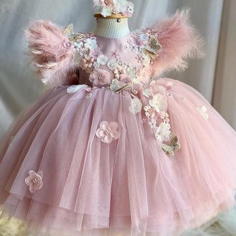 Pink Children's Flower Girl Dress Tulle Butterfly Attends Party Wedding Celebration Birthday First Communion Prom Dress