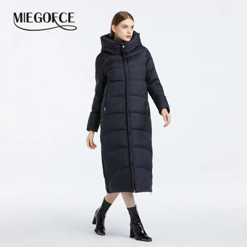 Miegofce 2023 Winter Collection Simple Style Women's Parka Long Sleeve Hooded Zip Pocket Jacket Windproof Casual Coat D2