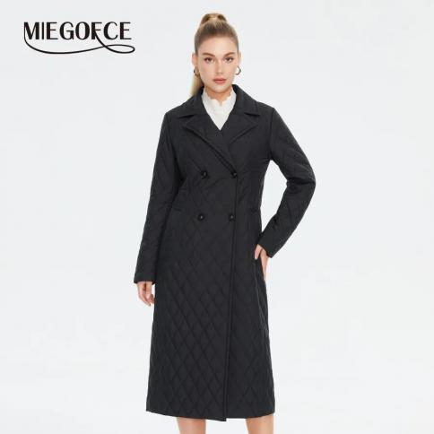 Miegofce 2023 New Spring Autumn Simple Long Women's Quilted Jacket Double Breasted Lapel Women's Coat Casual Parka C2360