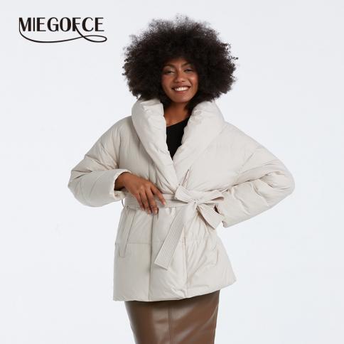 Miegofce 2023 inverno algodão jaqueta feminina manga longa com decote em v solto casaco casual cinto escondido fivela parka desi