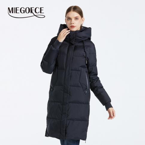 Miegofce 2023 Winter Women's Long Coat  With Zipper Pockets Quilted Jacket Windproof Hooded Stand Up Collar Cotton Parka
