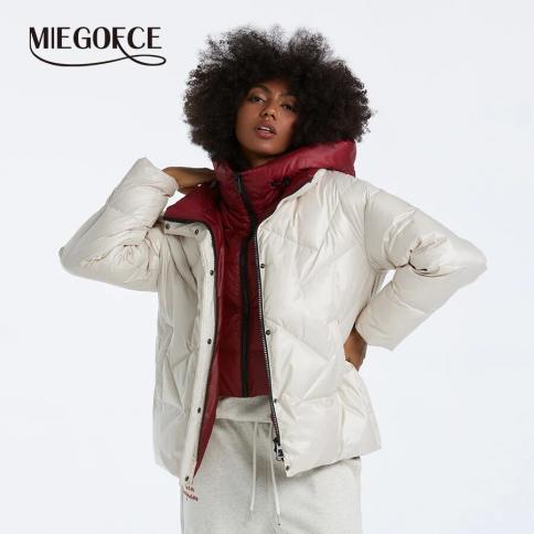 Miegofce 2023 inverno moda feminina curto grosso casaco casual parka design irregular duas cores mistura com capuz à prova de ve