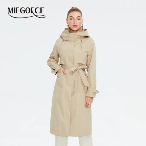 Miegofce 2023 New Spring Autumn Fashion Women's Long Trench Coat Female Hooded Belt Jacket Casual Loose Windbreaker Park