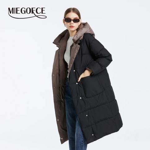 Miegofce 2023 Winter High Quality Women Coats  Long Sleeve Lapel Hooded Double Breasted Jacket Casual Warm Quilted Parka