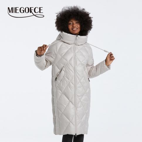 Miegofce 2023 inverno estilo solto com capuz acolchoado casaco longo à prova de vento outerwear clássico jaqueta feminina algodã