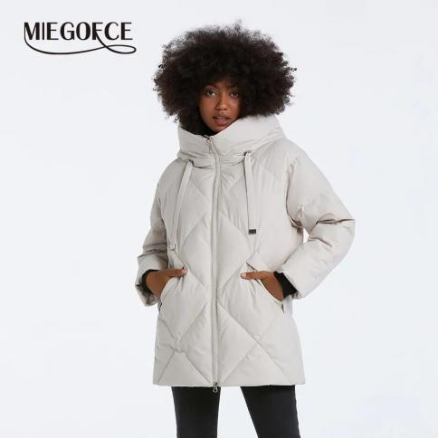 Miegofce 2023 coleção de inverno casual jaqueta feminina moda gola com capuz casaco zíper solto algodão quente parka d