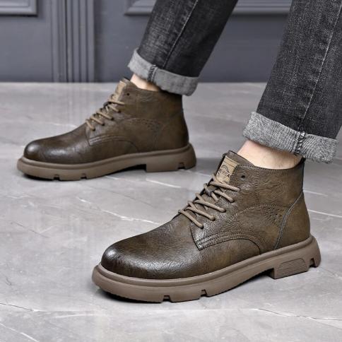 Botas Martin de media altura para hombre, zapatos de cuero auténtico, botas altas británicas para invierno, botas de trabajo par