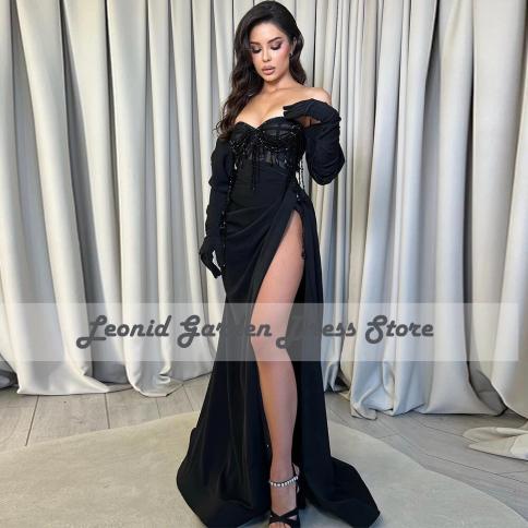 Black 2022 Party Dress Strapless Mermaid Evening Dresses High Side Slit With Gloves Beaded  Formal Party Gowns  فستا