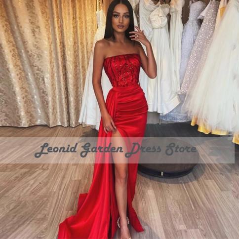 Mermaid 2022 Party Dress Red Strapless Evening Dresses  Side Split Simple Floor Length Beaded Formal Party Gowns  فست