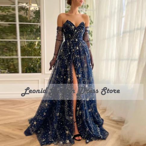 Blue V Neck 2022 Prom Dresses Strapless Aline Evening Dress High Side Slit  Floor Length Wedding Guest Gowns فستان 