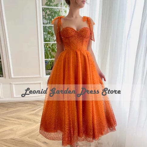 Tulle 2022 Prom Dresses A Line Evening Dress Bow Spaghetti Strap Sweetheart Tea Length Beaded Wedding Guest Gowns فست