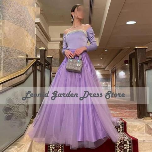 Purple Tulle 2022 Party Dresses Off Shoulder Beaded Elegant Evening Dress A Line Elegant Long Sleeves Floor Length  فس