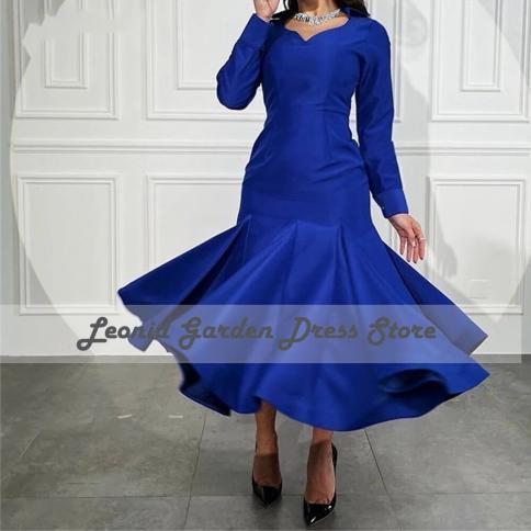 Blue 2022 Evening Dress Elegant Mermaid Women Party Dress Satin  Long Sleeves V Neck Tea Length Wedding Party Gowns  ف