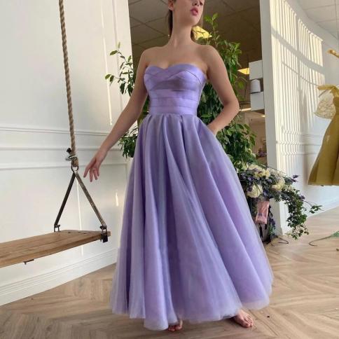 Purple Tulle Evening Dresses 2022 Prom Dress Elegant A Line Ankle Length Sweetheart Strapless Wedding Guest Gowns Robe S