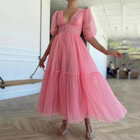 Pink Dot 2022 Evening Dresses A Line Elegant Prom Dress Elegant V Neck Short Sleeves Tea Length Wedding Guest Gowns فس