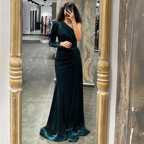 Green Arabia Dubai Evening Dresses Velour One Shoulder Mermaid 2022 Prom Dress Simple Beaded Wedding Party Gowns فست