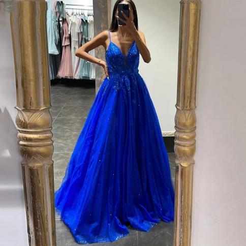 Blue A Line 2022 Evening Dress For Women Spaghetti Straps Deep V Neck Prom Dress Saudi Arabia Formal Party Gowns فست