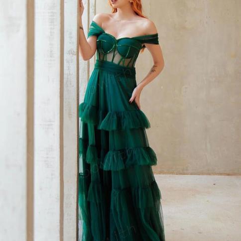 Bowith Green Evening Party Dresses For Women Tulle Evening Dress Long Luxury 2023 A Line Prom Celebrity Dresses Vestido 