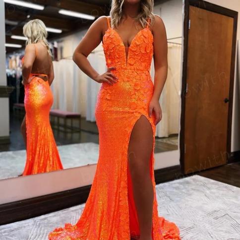 Bowith Orange Prom Dresses Shiny Elegant Party Dresses For Women Applique Mermaid Evening Dresses With Train Vestido De 